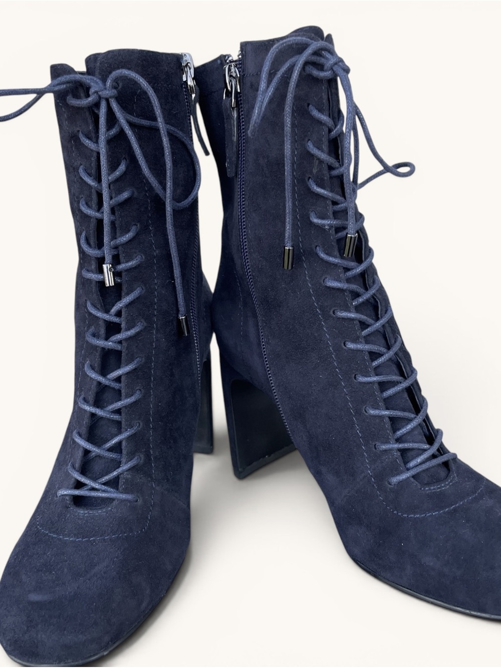 LOLA CRUZ Granny Boots. navy suede lace up/ ankle zip heeled boots. Sz37